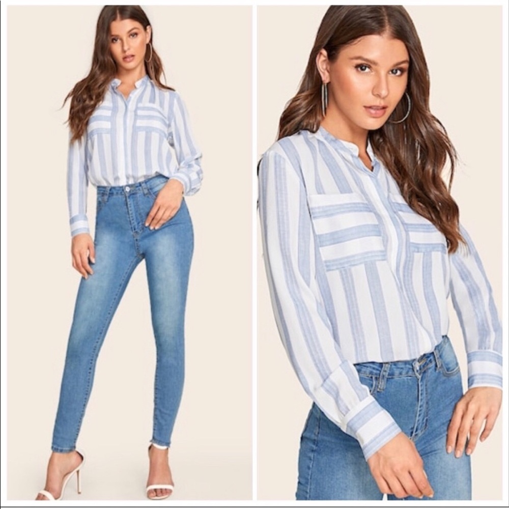 BLUE WHITE Notched Neck Stripe Blouse - Top - Picture 1 of 5
